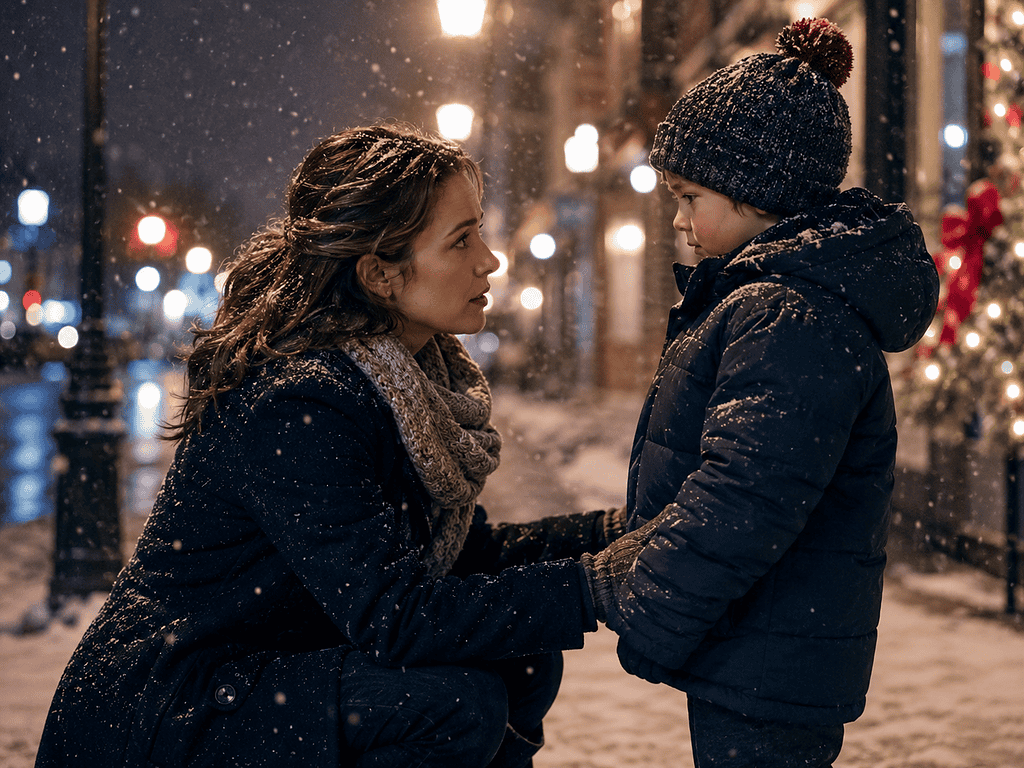 Woman and child in winter clothing during snowfall on Christmas night.