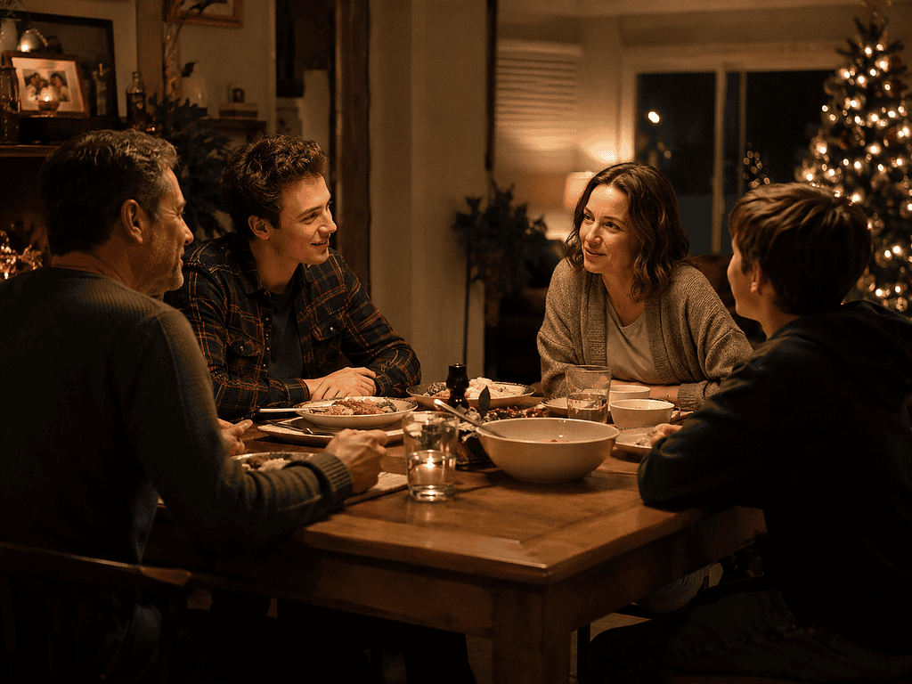Family gathered around table enjoying Christmas dinner at home.