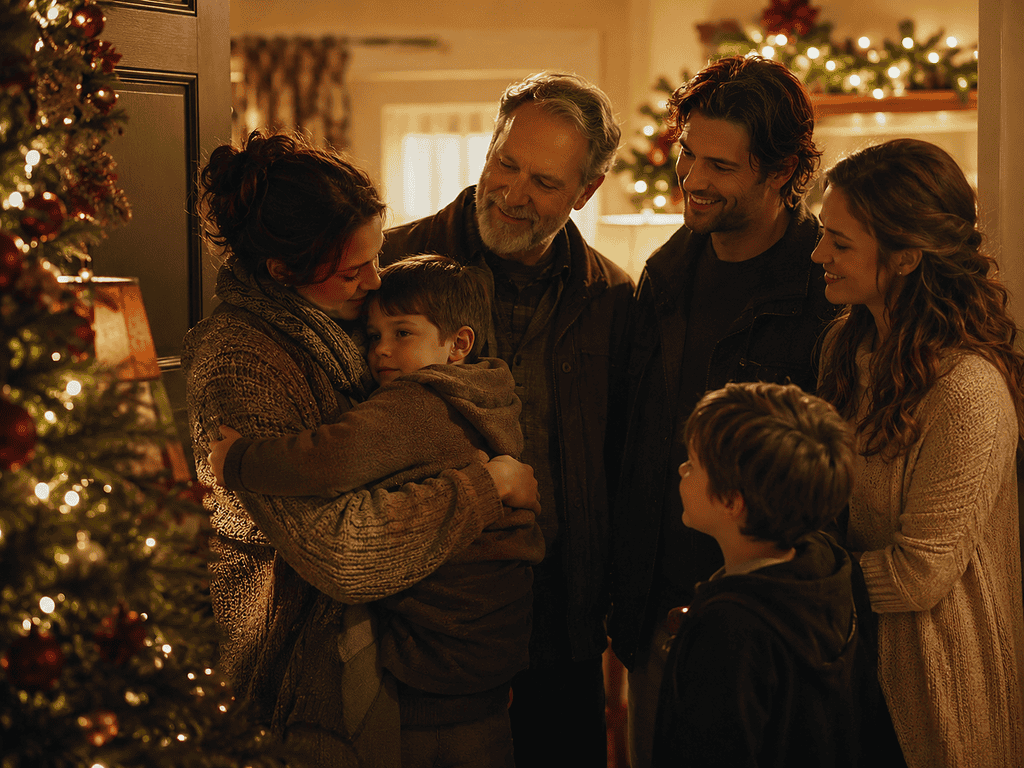 Family gathered around Christmas tree sharing joyful holiday moments.