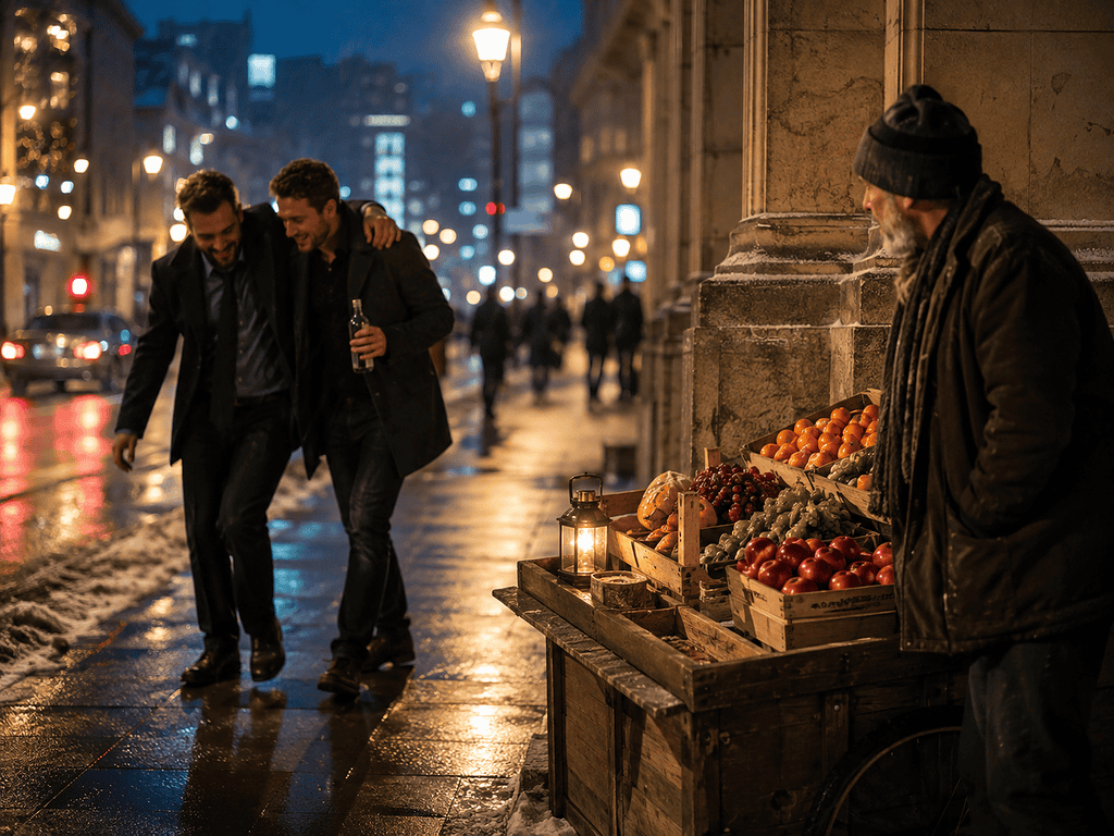Fruit vendor selling oranges and apples on a city street at night.
