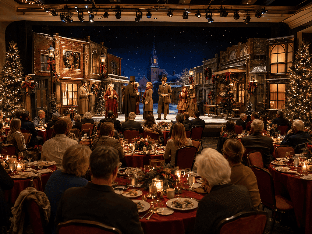 Theatrical Christmas scene with actors and audience during a holiday play.