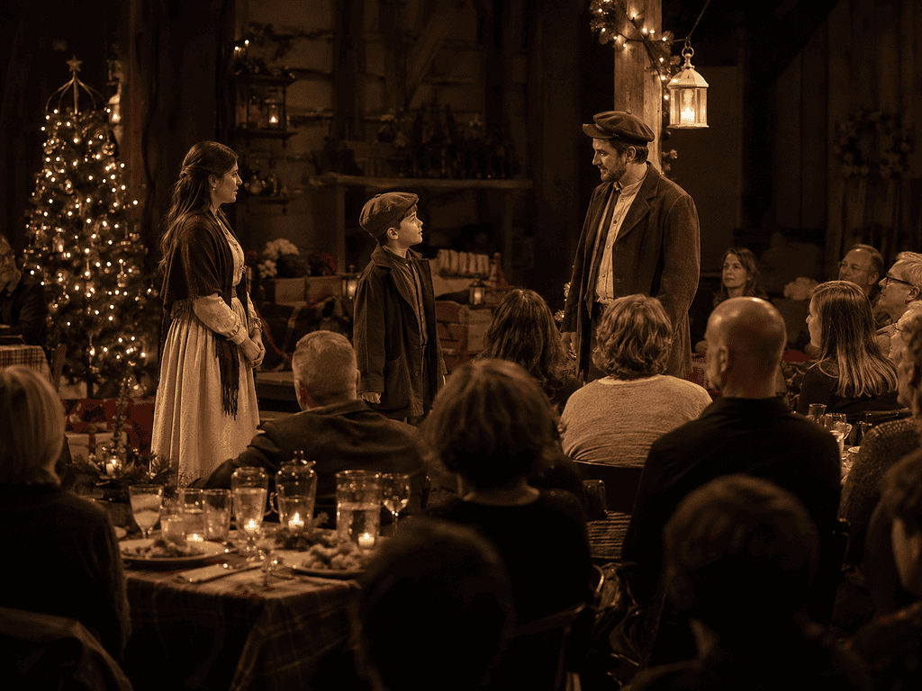 Theatrical scene from a Christmas drama with actors in period costumes.