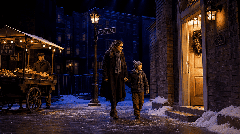Concept image of Sarah and Tommy walking through a snowy city street