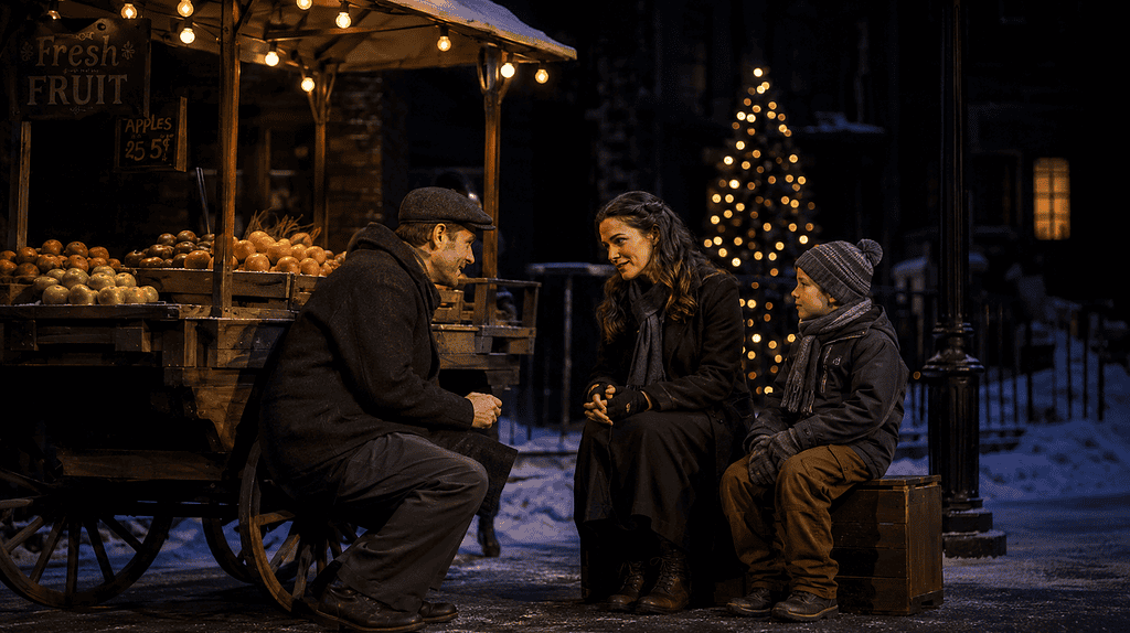Family enjoying Christmas market at night with festive lights and decorated tree.