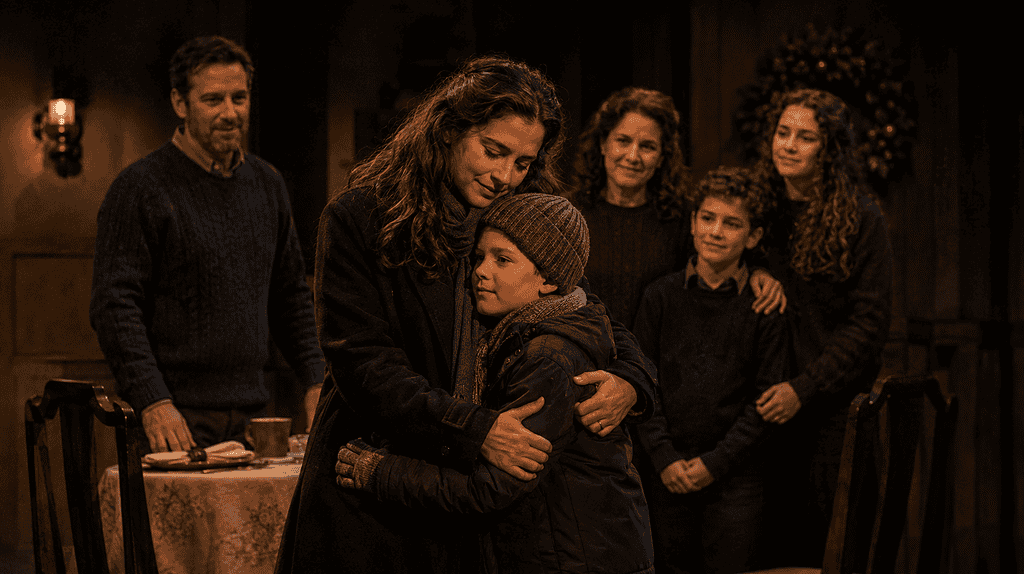 Family embracing during Christmas celebration with warm lighting and festive decor.