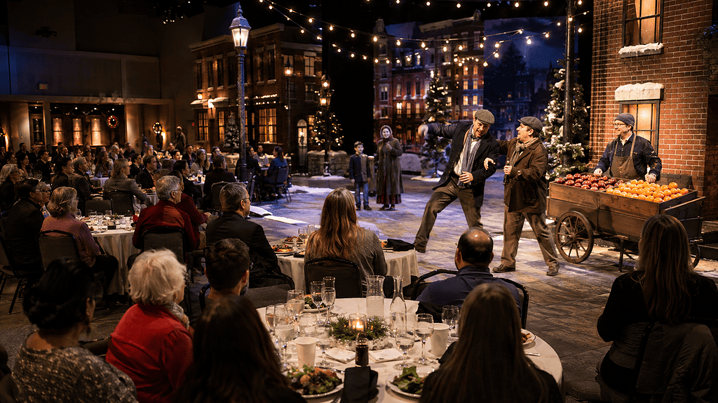 Concept image of a Christmas drama scene unfolding among dinner theatre guests