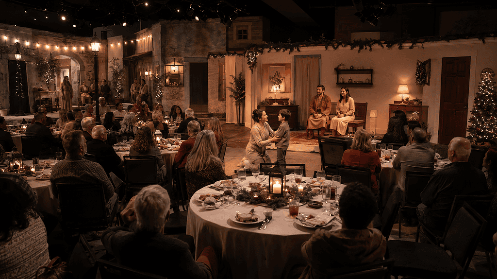 Concept image of a Christmas dinner theatre audience surrounded by the story