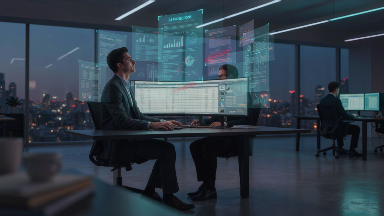homem business analisando duplicata escritural e dados contábeis no computador