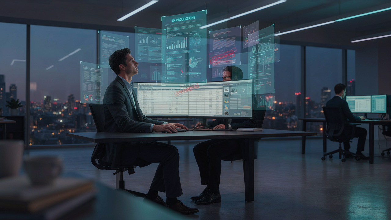 homem business analisando duplicata escritural e dados contábeis no computador