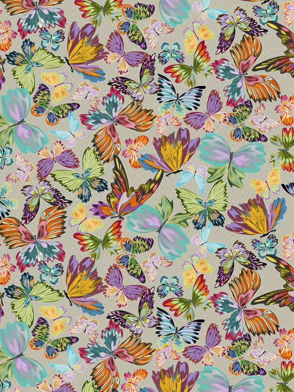 Vibrant butterfly print fabric featuring multicolored butterflies, ideal for home decor, sewing proj.