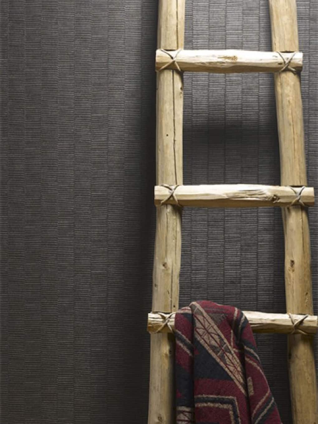 Rustic wooden ladder leaning against textured dark wall with cozy red blanket draped over one rung.
