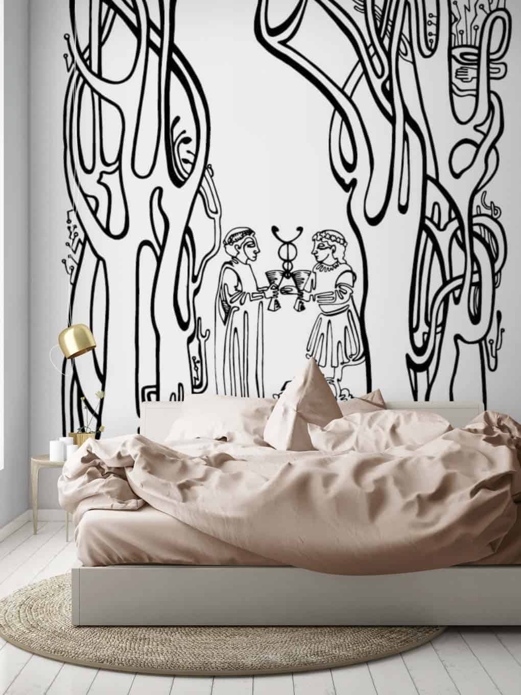 Elegant black and white mural art behind a cozy beige bed with soft bedding and a modern bedside lam.
