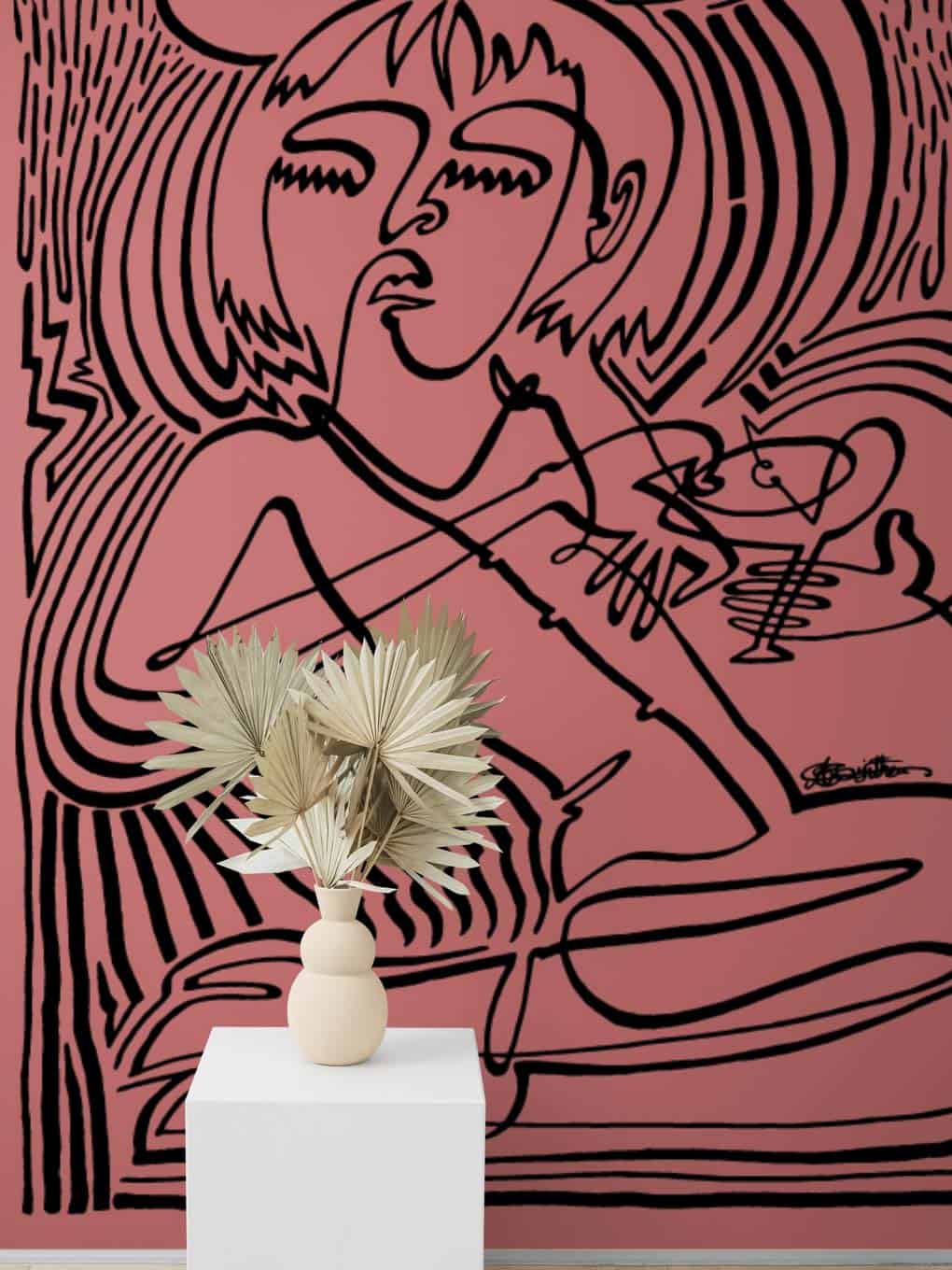 Modern abstract art with a stylized female figure and floral decor, vibrant pink background.