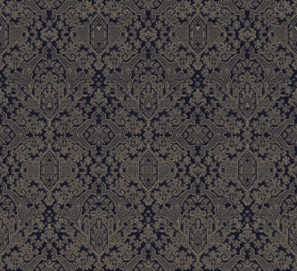 Luxurious dark damask patterned rug with intricate gold accents, perfect for sophisticated interior.
