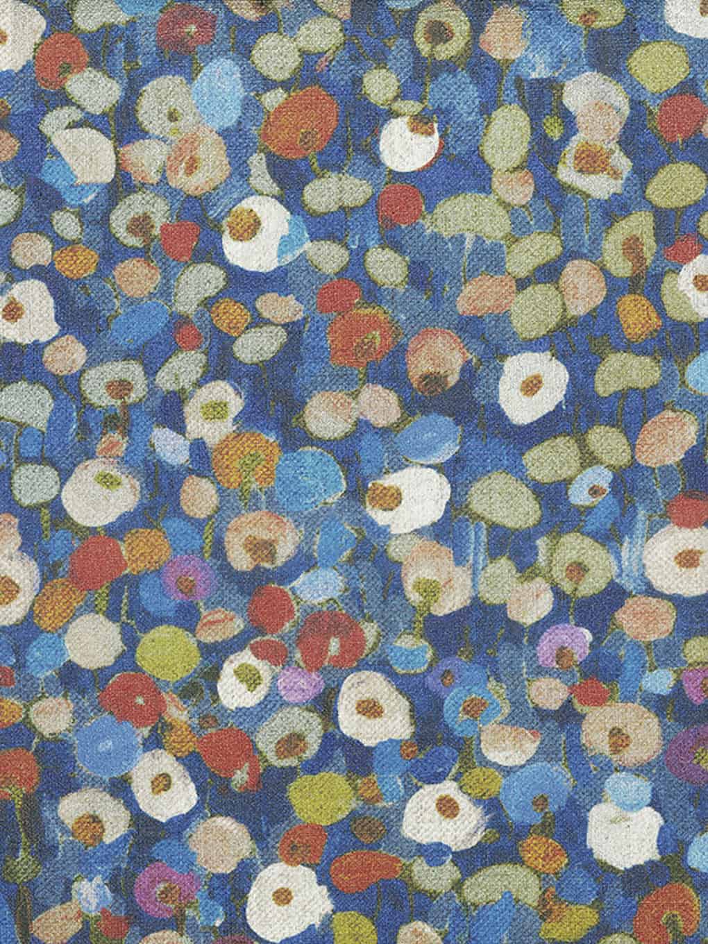Abstract floral pattern with vibrant colors on a blue background.