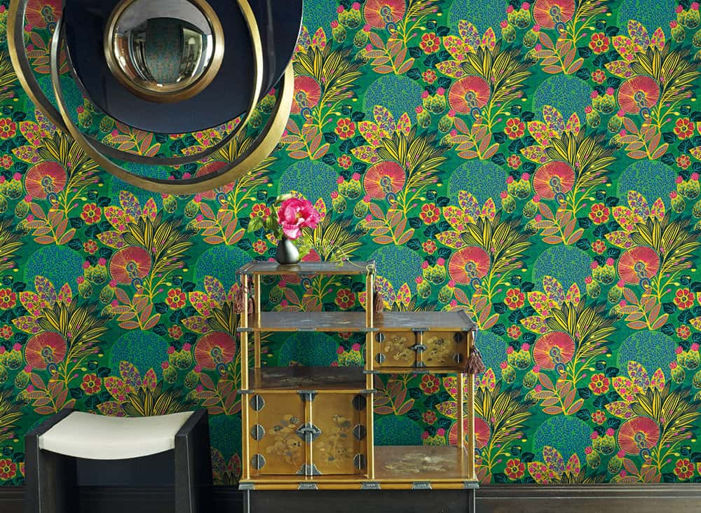 Vibrant floral wallpaper with decorative shelving and modern decor elements for stylish interior des.