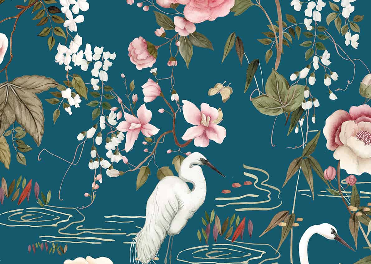 Vibrant floral and bird pattern featuring cranes and blossoms for stylish interior accents.