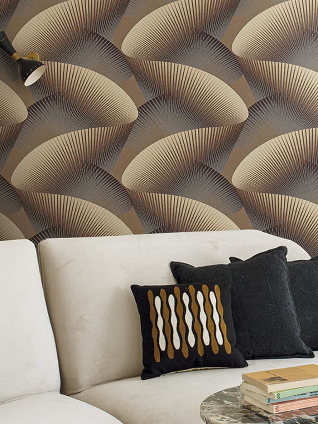 Elegant modern wall decor with fan-shaped patterns in neutral tones.