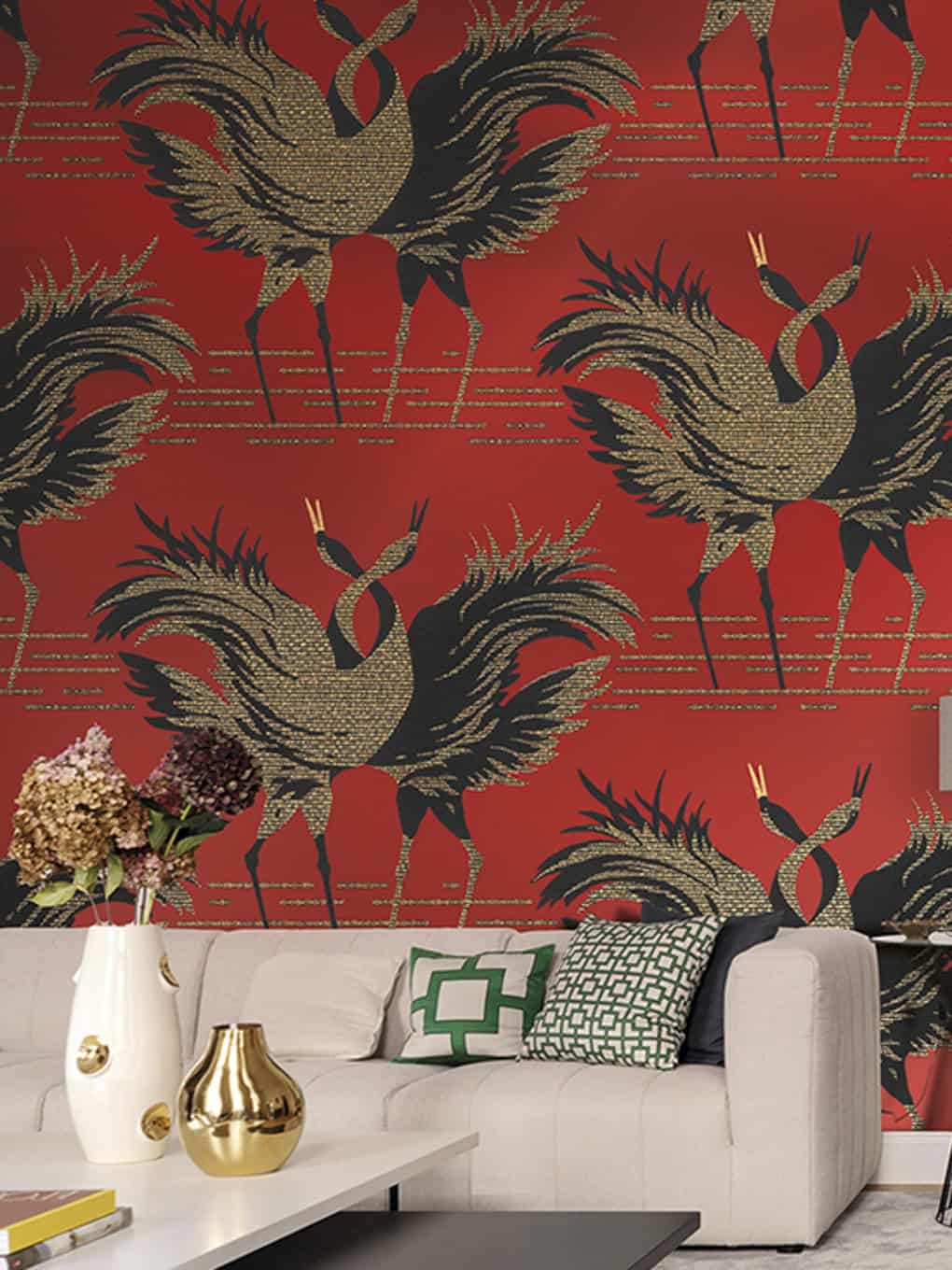 Elegant red wallpaper with gold and black cranes, perfect for modern interior decor.