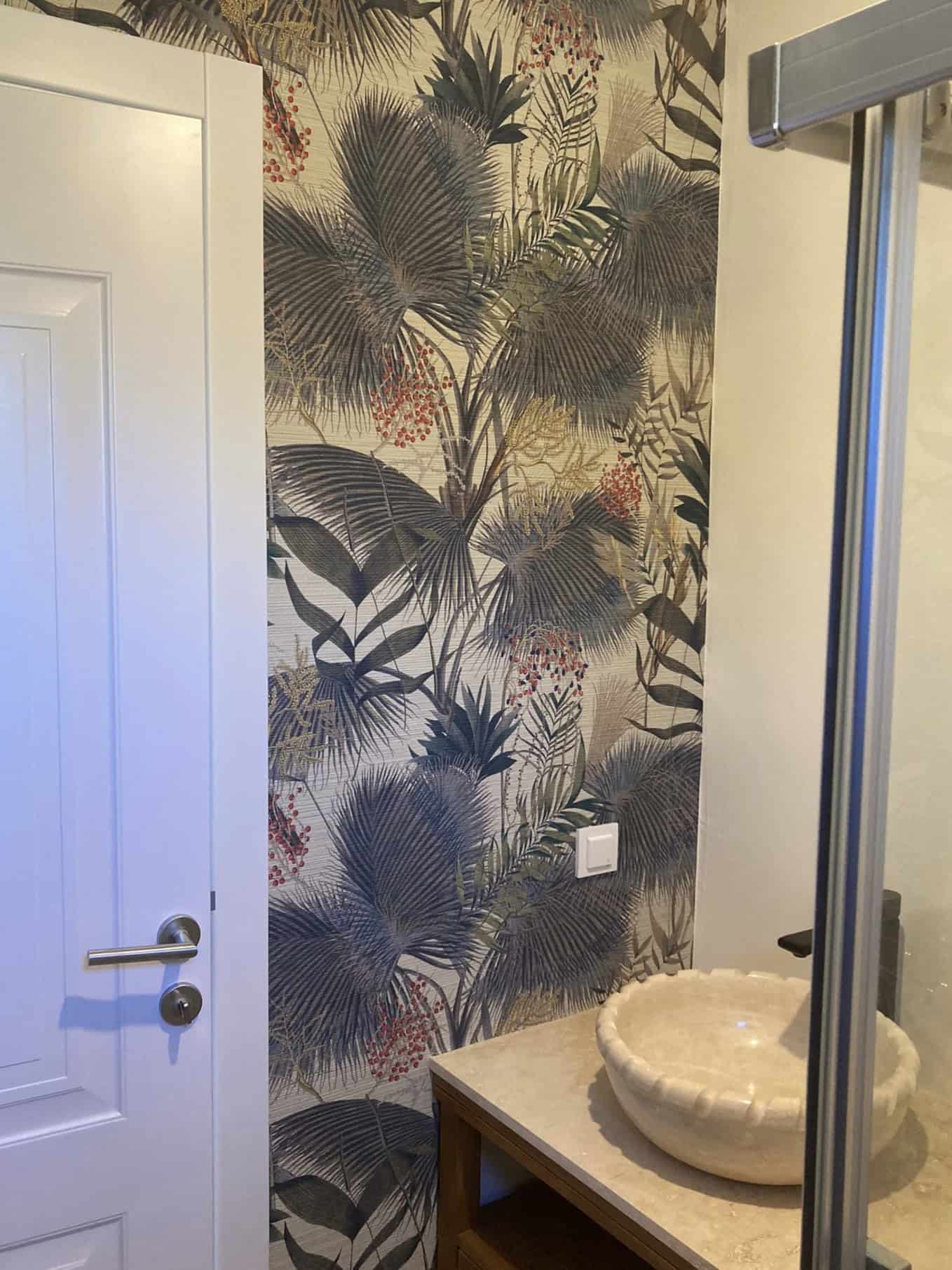 Elegant tropical-themed wallpaper in ECO FARM VILLAS GÜMÜŞLÜK BODRUM interior.