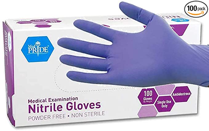 100 MedPride purple nitrile gloves in a box. Powder-free, non-sterile, single-use.