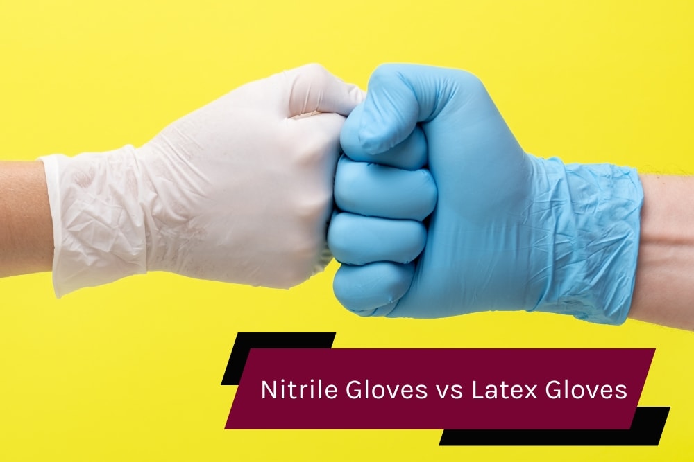 Close-up of nitrile and latex gloves bumping fists. Nitrile vs latex gloves.