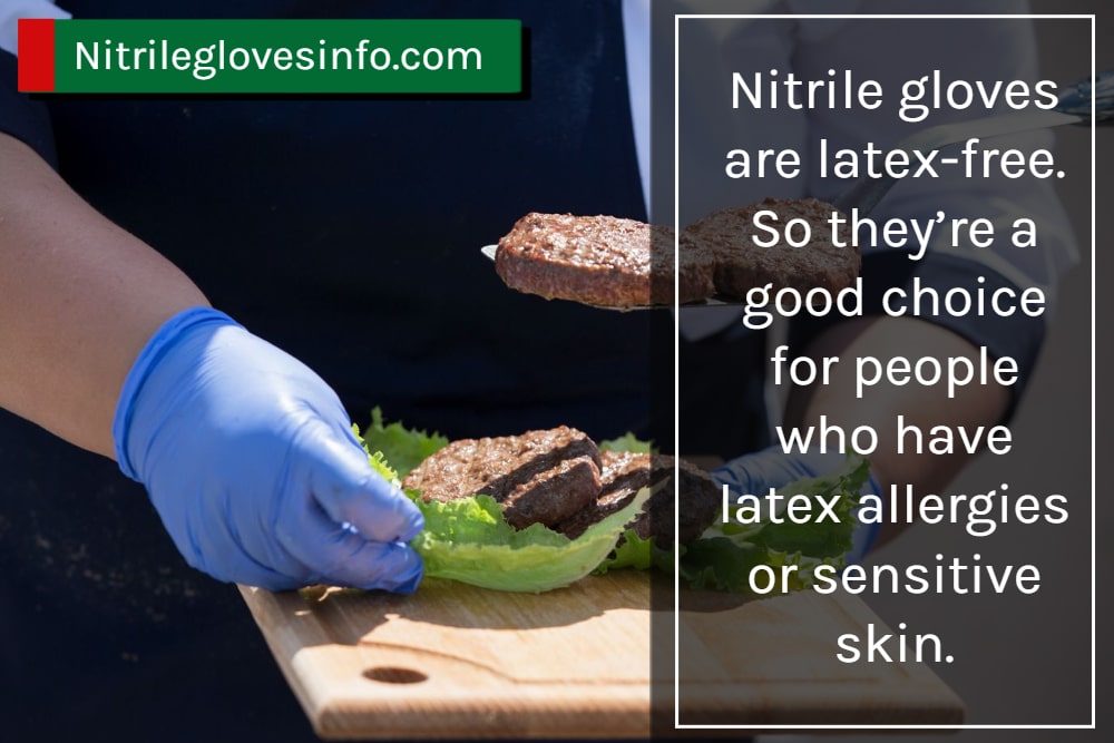Chef wearing blue nitrile gloves prepares burgers. Latex-free gloves ideal for food prep.