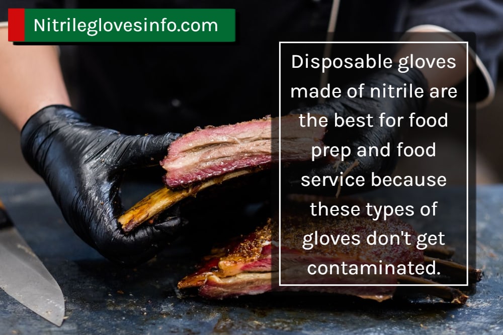 Chef wearing nitrile gloves prepares food. Nitrile gloves ideal for food prep.