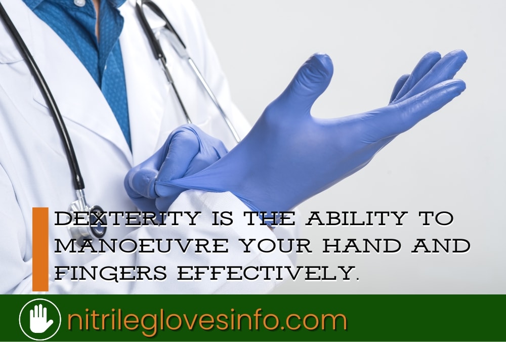 Doctor putting on blue nitrile gloves, emphasizing dexterity for food handling.