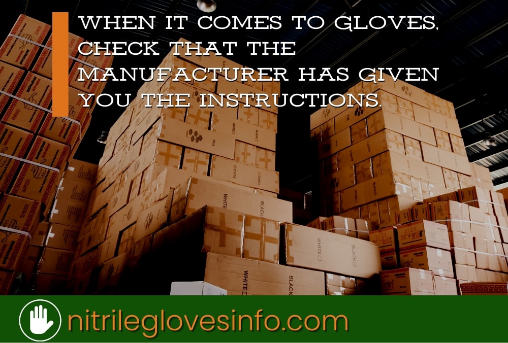Stacks of boxes of nitrile gloves in a warehouse. Check manufacturer instructions before using food-safe gloves.
