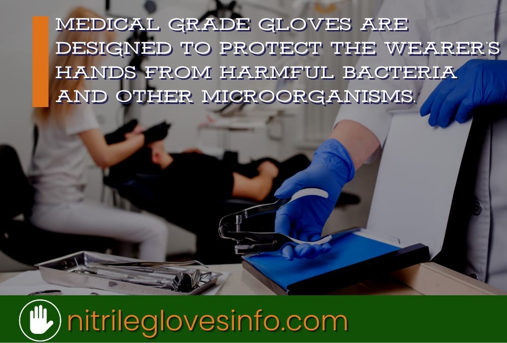 Close-up of hands in blue nitrile gloves using a hole punch. Food safety.