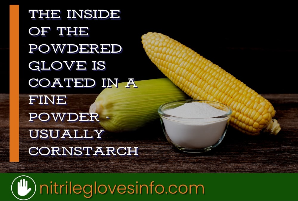 Cornstarch in a bowl next to corn on the cob. Powdered food gloves.