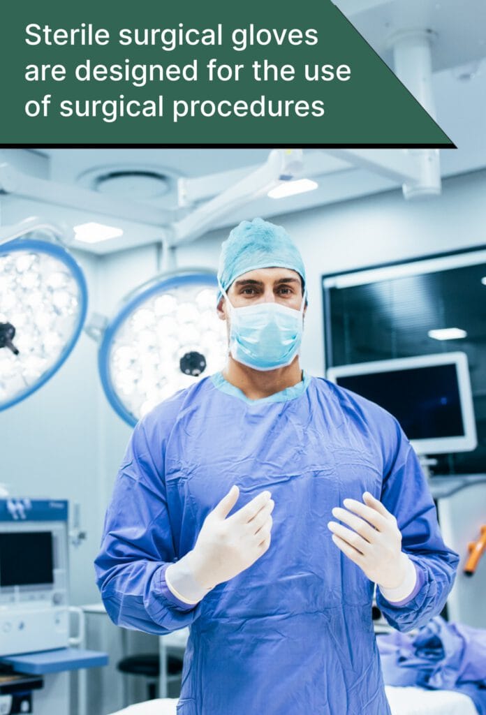 Surgeon in sterile gloves and surgical gown in operating room. Sterile surgical gloves are key for procedures.