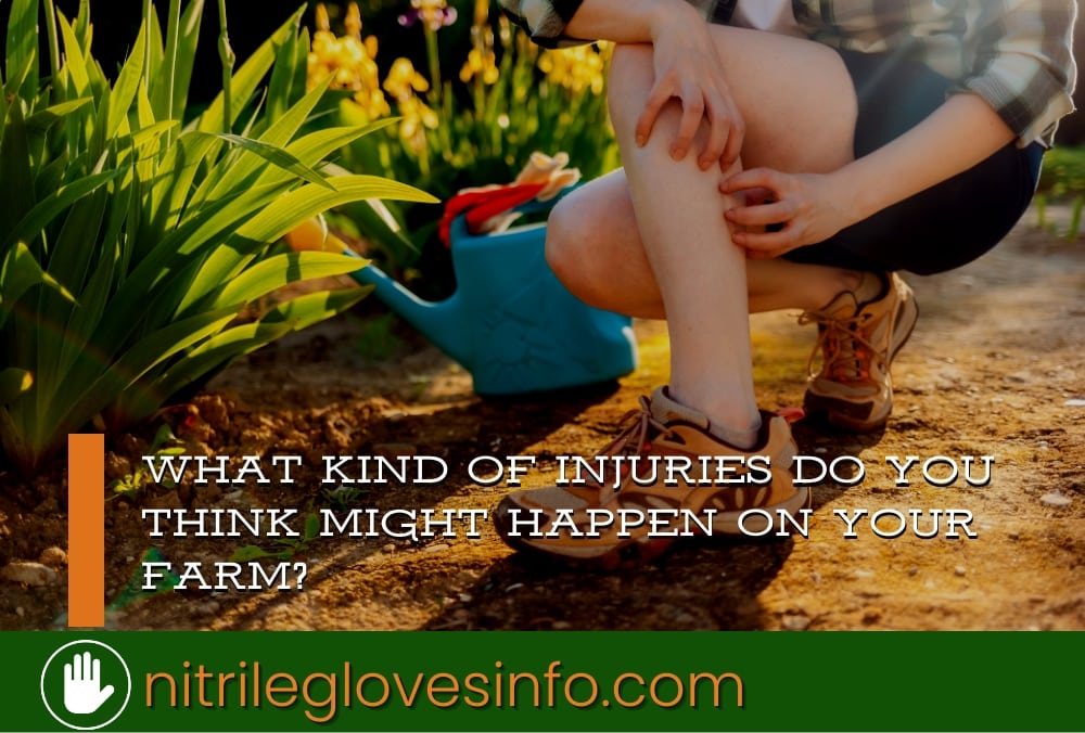 Woman tending garden, scratching leg; best nitrile gloves for farm safety.