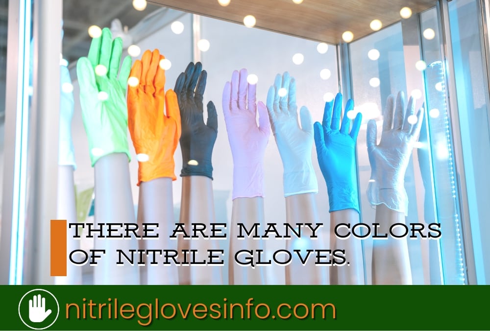 Colorful nitrile gloves displayed; various colors for farm use. nitrileglovesinfo.com