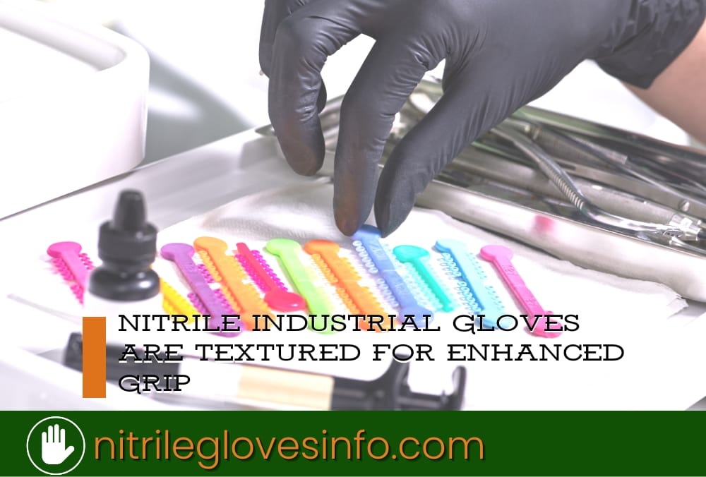 Close-up of hands in textured nitrile gloves handling colorful orthodontic elastics. Nitrile gloves provide enhanced grip.