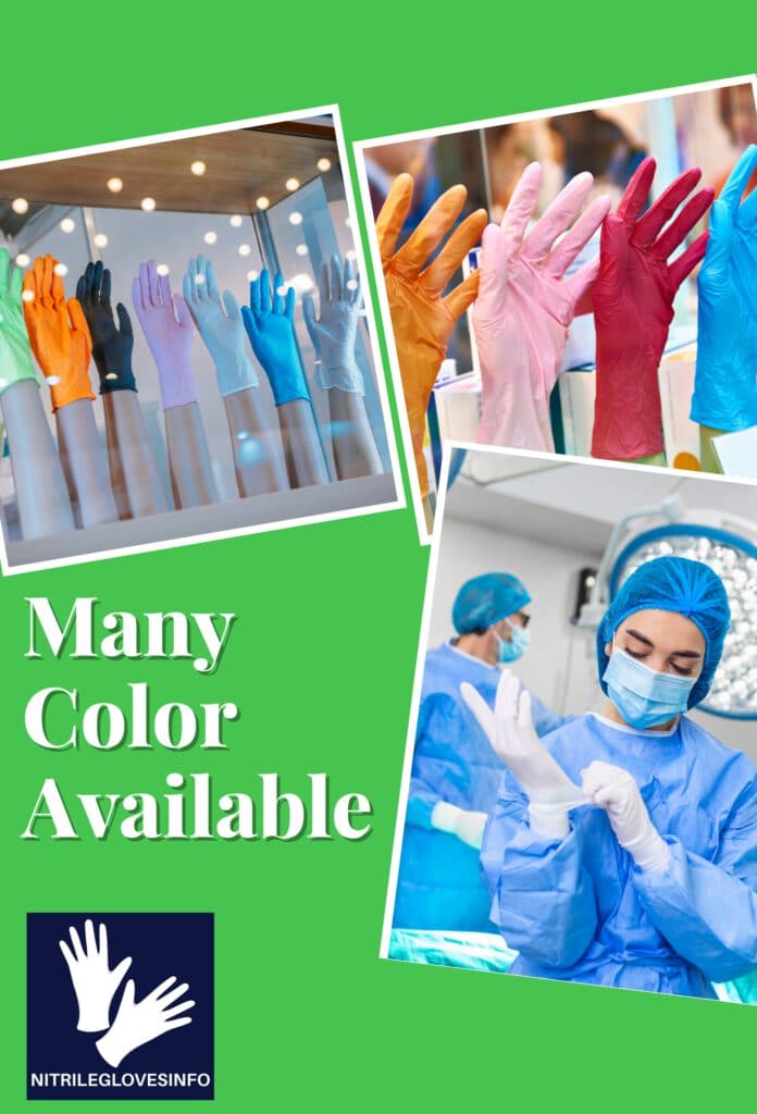 Colorful nitrile gloves displayed; many colors available for cooking and medical use.