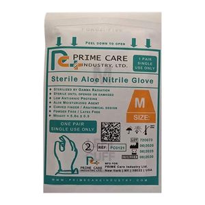 Sterile Aloe Nitrile Glove, size M, single use. Prime Care Industry.