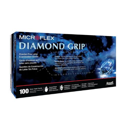 Ansell Microflex Diamond Grip powder-free latex examination gloves; 100 gloves per box.