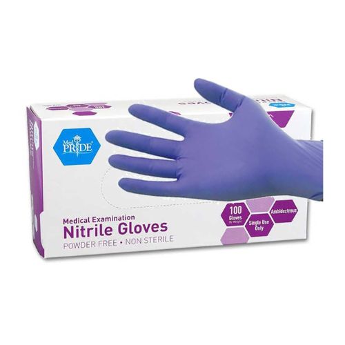 Box of 100 purple nitrile gloves for medical examination; powder-free, non-sterile.