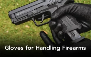 Black gloves handling a firearm; best disposable gloves for firearm safety.