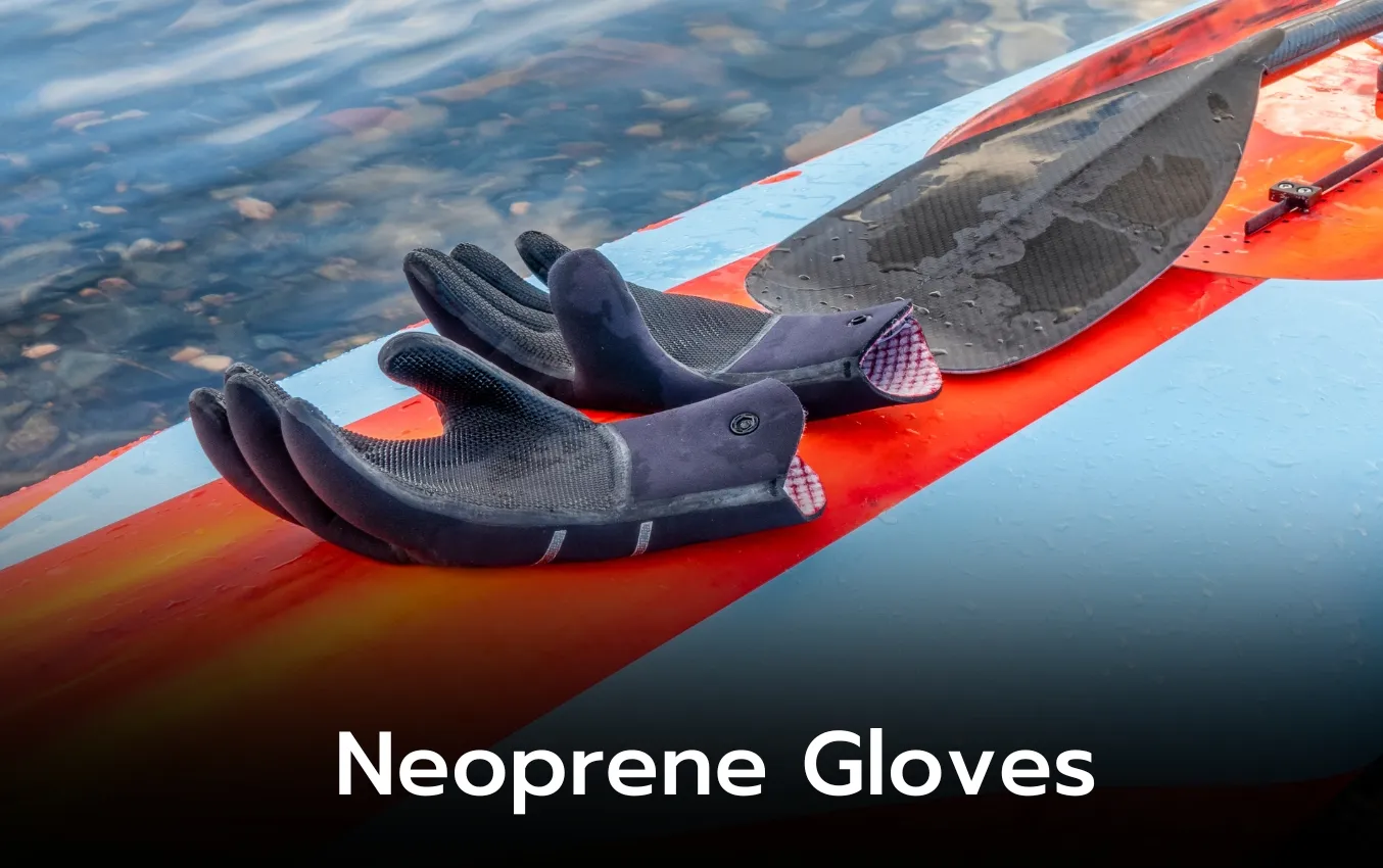 Pair of black neoprene gloves on a paddleboard. Durable, cost-effective alternative to disposable gloves.