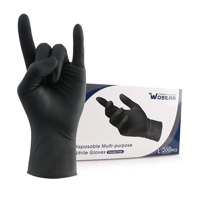 Black nitrile gloves displayed with a box of 200 gloves. Powder-free, disposable.