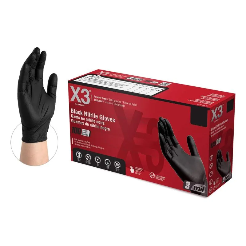 Hand in 6 mil Steel Blue nitrile glove; box of gloves shown.
