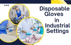 Workers wearing disposable gloves in industrial food processing settings.