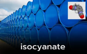 Blue barrels of isocyanate, a chemical used in various applications, including mechanics.