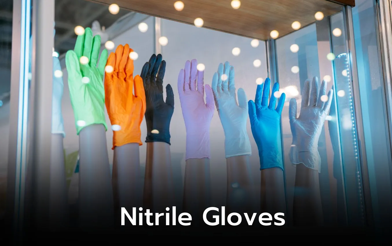 Assorted colorful nitrile gloves displayed on mannequin hands. Latex-free disposable gloves.