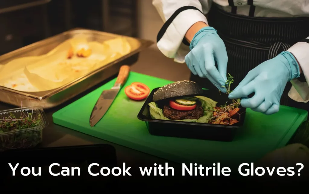 Chef preparing a gourmet burger wearing nitrile gloves.