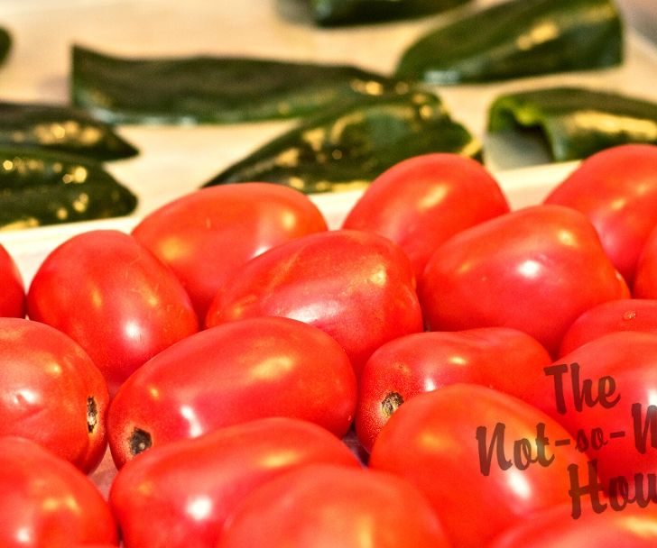 Delicious Restaurant Style Homemade Salsa Recipe with 4 Tips for Water Bath Canning | The Not so Modern Housewife fresh tomatoes and peppers on sheet pan to be roasted for homemade salsa recipe