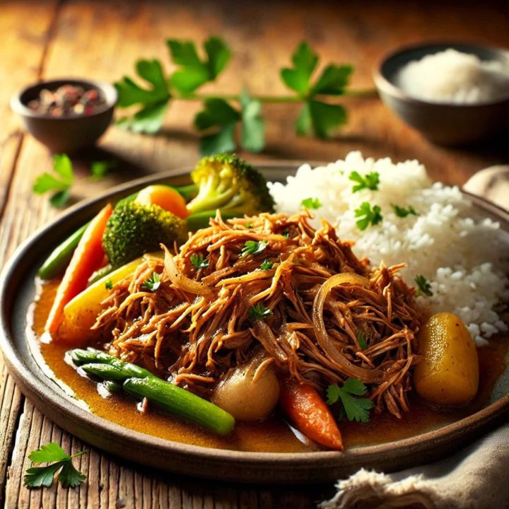 Irresistibly Juicy Slow Cooker Boston Butt Pork Roast with Chardonnay | The Not so Modern Housewife A rustic plate of slow cooker Boston butt pork roast, served with a side of steamed vegetables and rice. The tender, juicy pork is topped with a small amount of caramelized onions and drenched in a light, broth-based golden sauce. The dish is garnished with parsley and placed on a wooden table, illuminated by soft, natural light.